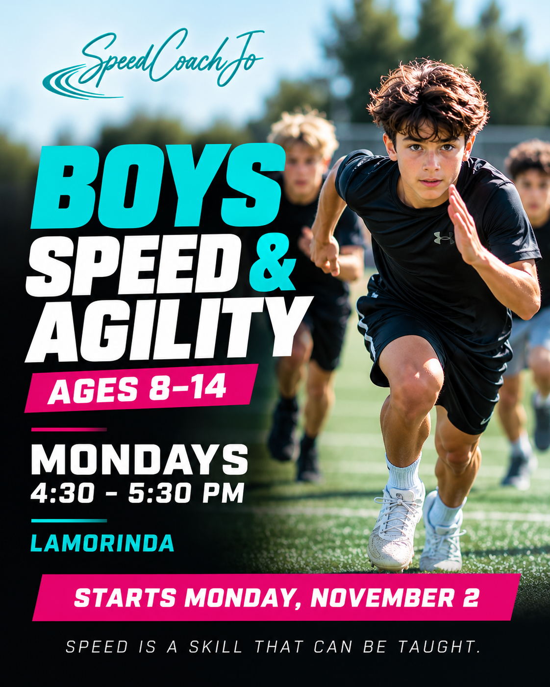 Boys' Speed & Agility training flyer — ages 8–14, Mondays 4:30–5:30 PM in Lamorinda, starting Monday, November 2